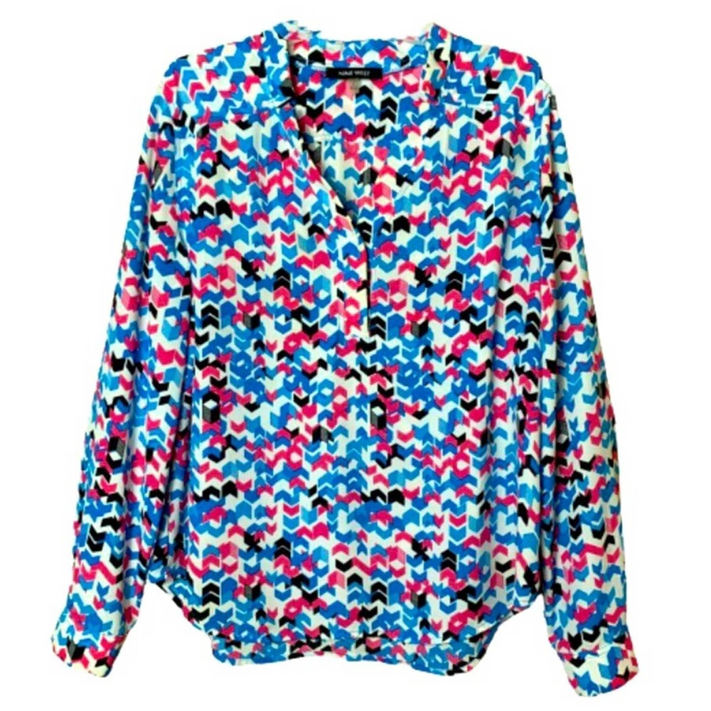 NINE WEST LONG SLEEVES MULTICOLORS BLOUSE SIZE L GEOMETRIC DESING V-NECK SNAP